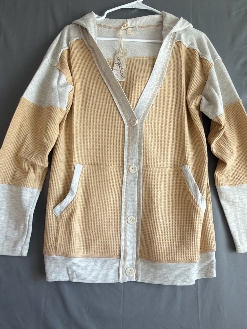 Mystree: Hooded Waffle-Knit Cardigan in Beige and Yellow (E0004)